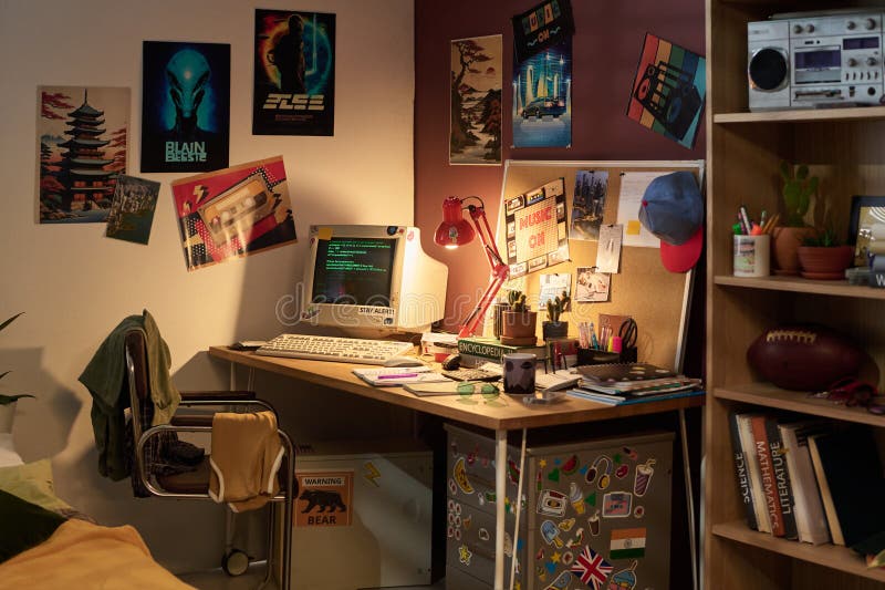 Capturing Retro Computer Setup With Vintage Posters and Decor stock photo