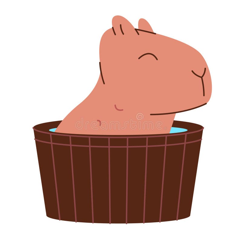 Capybara baden in Wasser in einer hölzernen Badewanne, süße flache Illustrationsaufkleber cartoon Charakter vektor abbildung