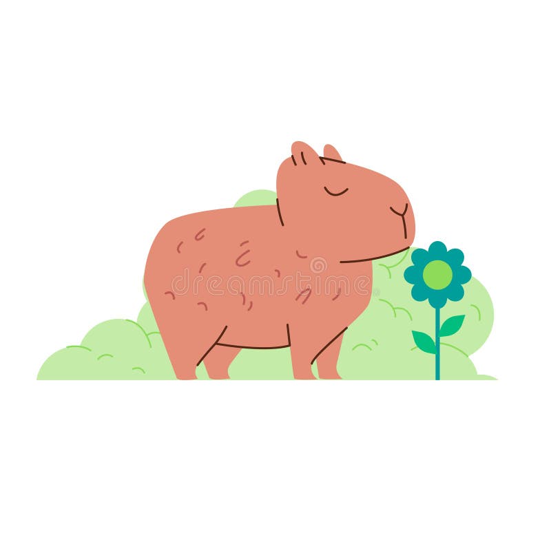 Capybara capibara schnuppern duftend Blumenzähne Tier cute Vektor flache Illustration Zeichentrickfilm lizenzfreie abbildung