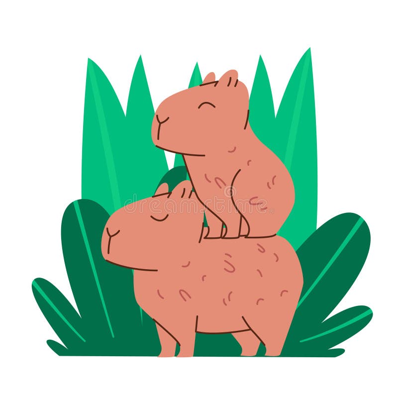 Capybara cute Vektor flache Illustration Aufkleber Zeichentrickfigur gestapelt in wilden grünen Buschwald stock abbildung