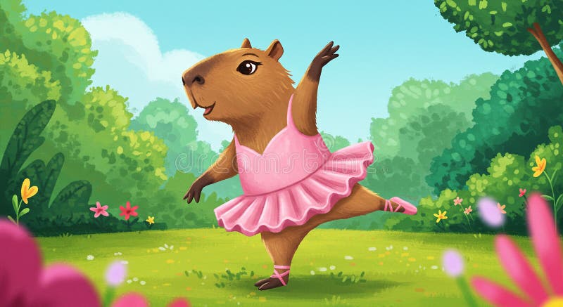 A capybara dressed in a pink ballet tutu performs a graceful dance move with one stock illustration