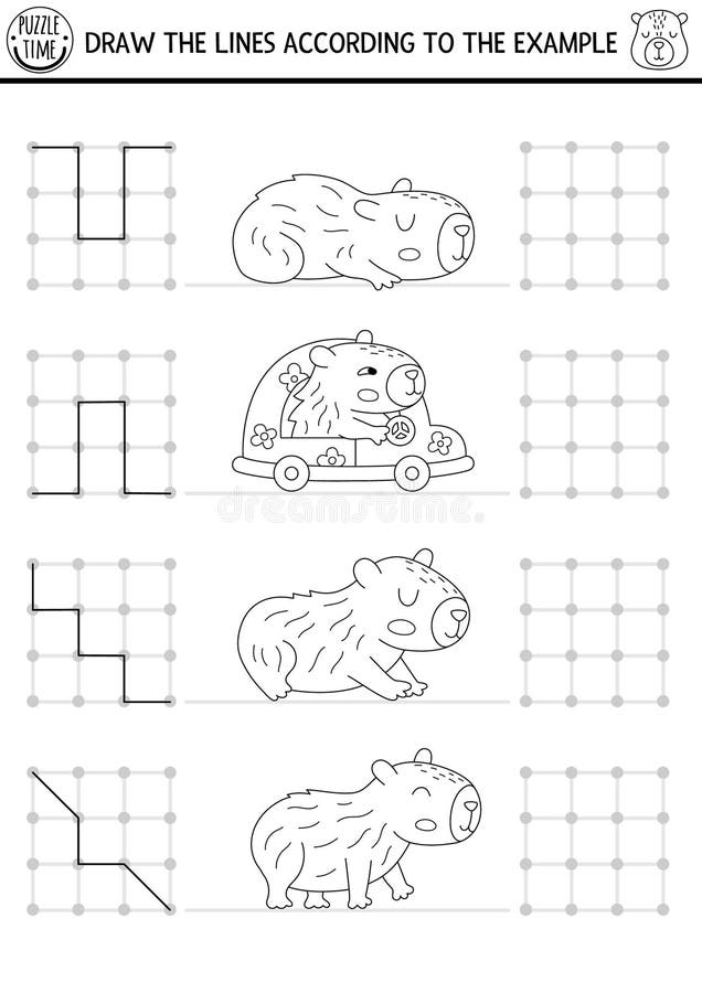 Capybara rysowanie pisania aktywności orientacji przestrzennej dla dzieci ze słodkimi zwierzętami. Rysuj linie w polu kwadratowym. ilustracja wektor