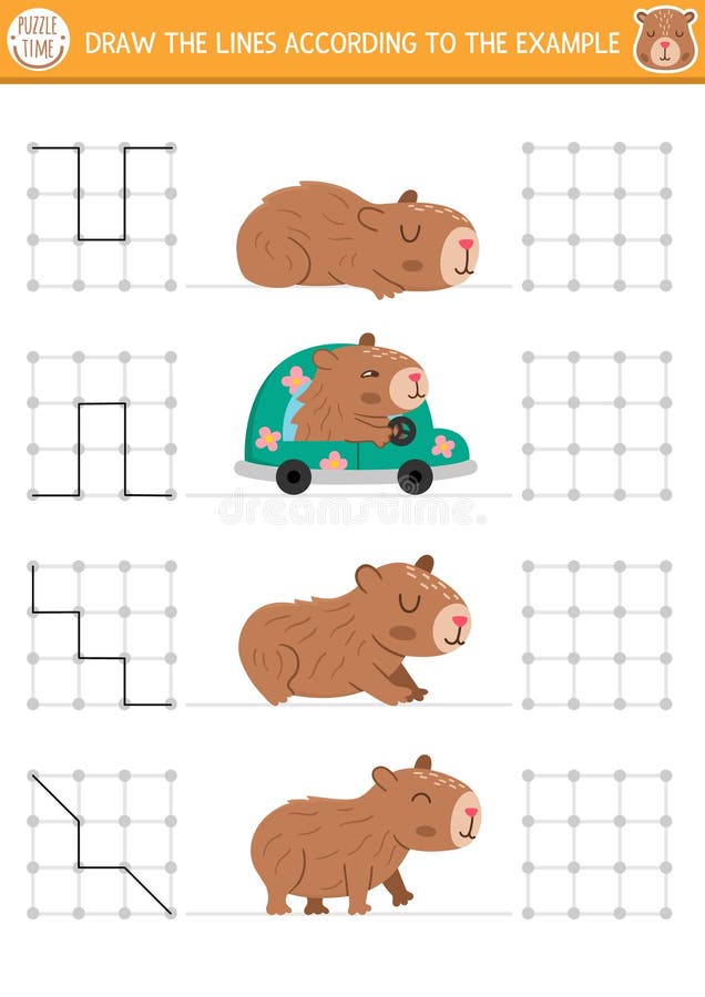 Capybara rysowanie pisanie namierzanie aktywności orientacji przestrzennej dla dzieci ze słodkimi zwierzętami. narysuj linie w kwa royalty ilustracja