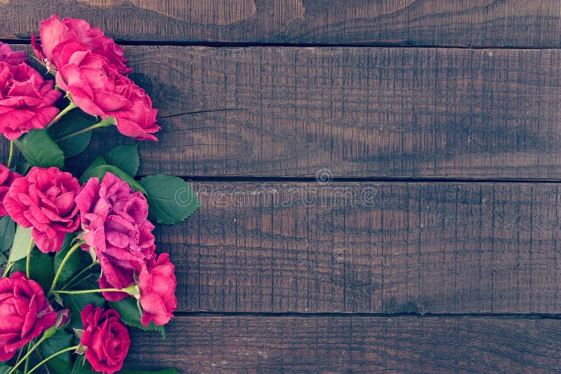 Frame of roses on dark rustic wooden background. Spring flowers. Spring background. Valentine's Day and Mother's Day background. Holiday mock up. Top view. Frame of roses on dark rustic wooden background. Spring flowers. Spring background. Valentine's Day and Mother's Day background. Holiday mock up. Top view.