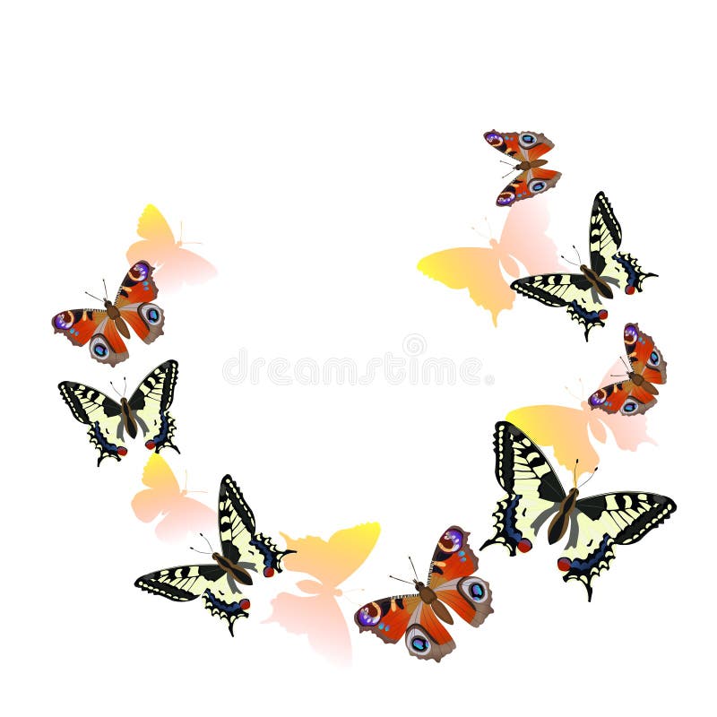 Capítulo hecho de las mariposas de pavo real y de los swallowtails que vuelan en un círculo Colores rojos, anaranjados y amarillo ilustración del vector Capítulo hecho de las mariposas de pavo real y de los swallowtails que vuelan en un círculo Colores rojos, anaranjados y amarillo ilustración del vector
