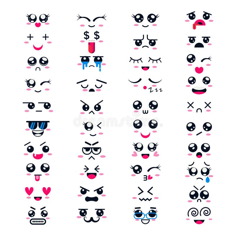 Kawaii desenhos animados emoticons coloridos conjunto vector