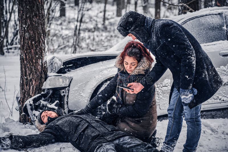 Car accident occurred in the winter forest. Car accident occurred in the winter forest