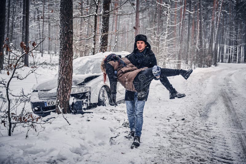 Car accident occurred in the winter forest. Car accident occurred in the winter forest
