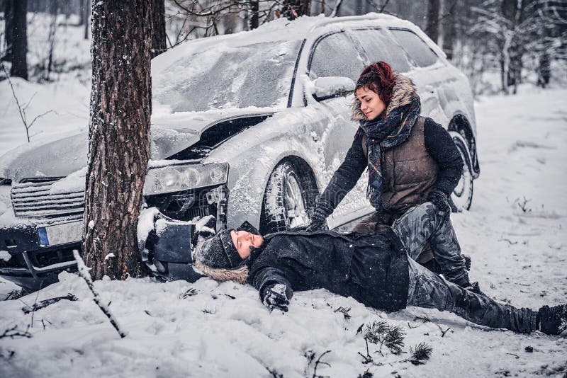 Car accident occurred in the winter forest. Car accident occurred in the winter forest