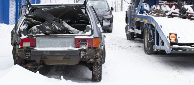 A car accident. A car on the side of the road after a severe accident stock images