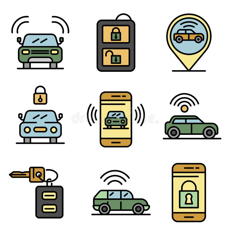 Car Alarm System Icons Set, Outline Style Stock Vector Illustration