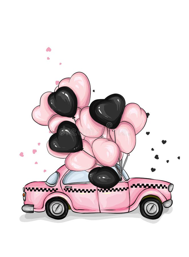 Car with balloons in the shape of hearts. Taxi. Vector illustration for greeting card or poster. Love, friendship, Valentine`s Day