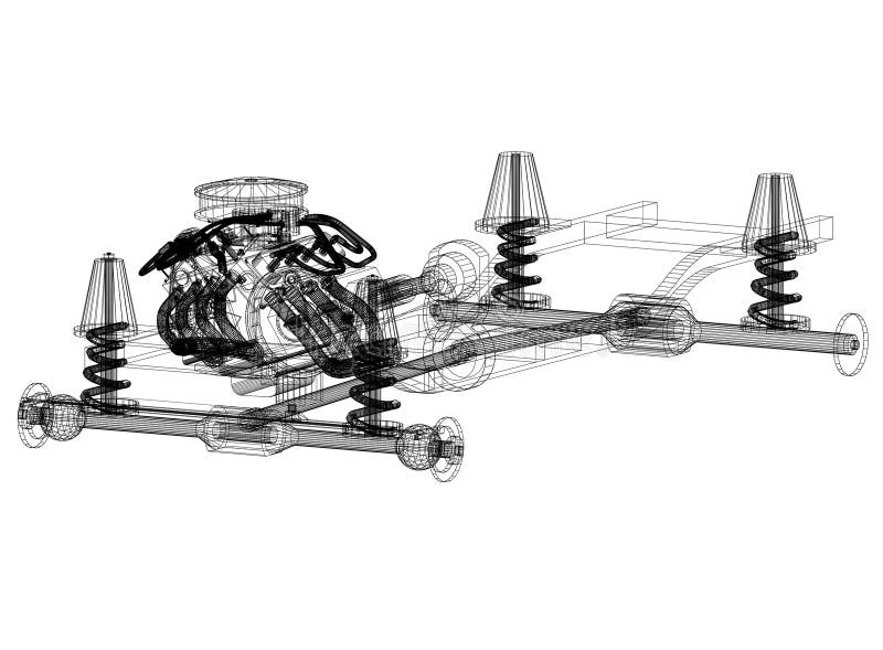 Car Chassis And Engine Design Blueprint Isolated Stock Illustration