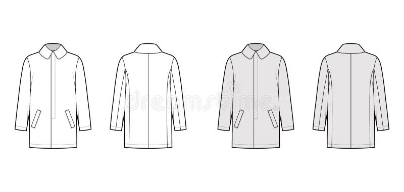 Car coat technical fashion illustration with long sleeves, round lapel collar, oversized body, hide closure. Flat jacket template front, back, white, grey color style. Women, men unisex top CAD mockup. Car coat technical fashion illustration with long sleeves, round lapel collar, oversized body, hide closure. Flat jacket template front, back, white, grey color style. Women, men unisex top CAD mockup