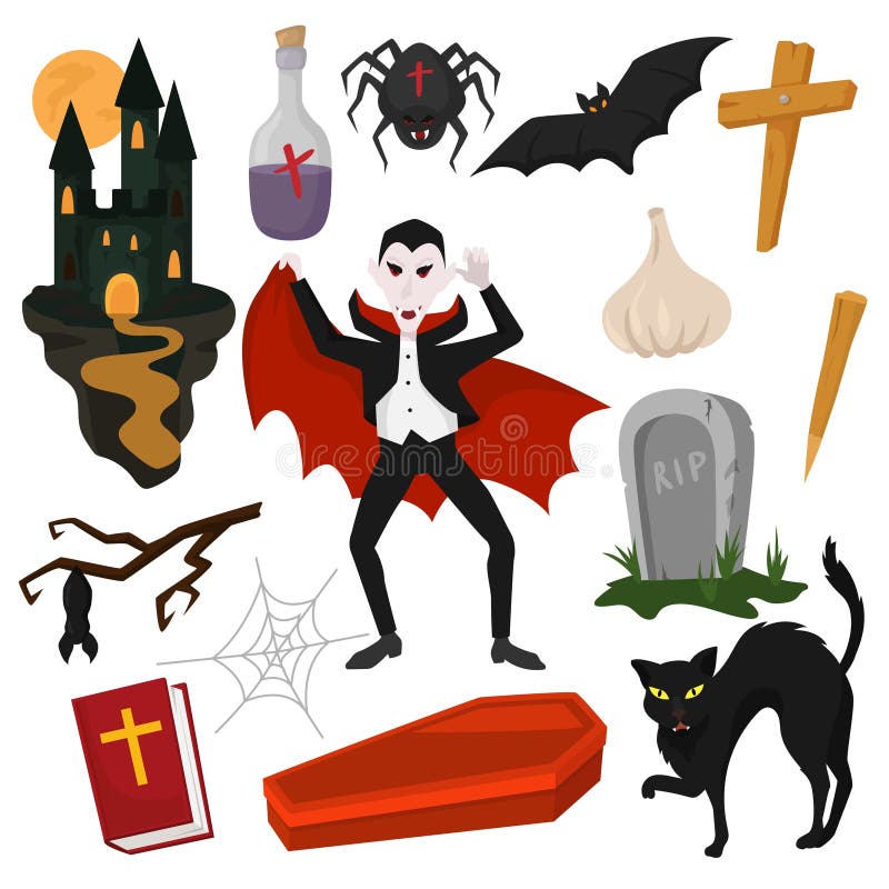 Car?cter de Dr?cula de la historieta del vector del vampiro en el traje de Halloween y el sistema asustadizos del ejemplo de las stock de ilustración Car?cter de Dr?cula de la historieta del vector del vampiro en el traje de Halloween y el sistema asustadizos del ejemplo de las stock de ilustración