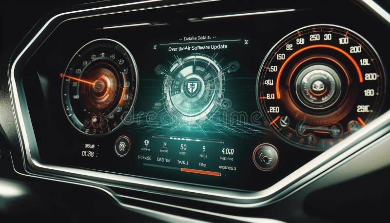 A car dashboard with a digital display showing the speedometer, tachometer stock illustration