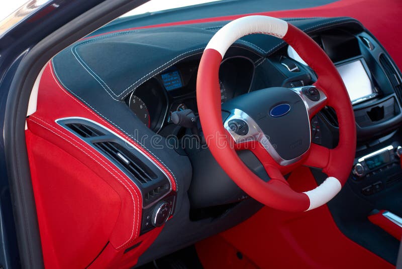 Car Dashboard. Car Interior Details. Red and Black Alcantara with