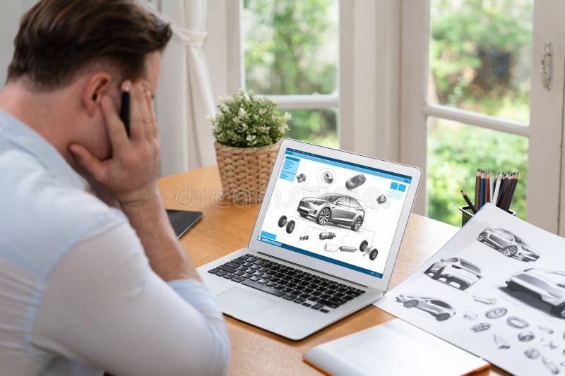Car designer stressed after discover design flaws in his company's prototype EV car. Design flaws so severe that overwhelmed the electric powered automotive engineering development. Synchronos. Development ev stock images, royalty-free photos and pictures