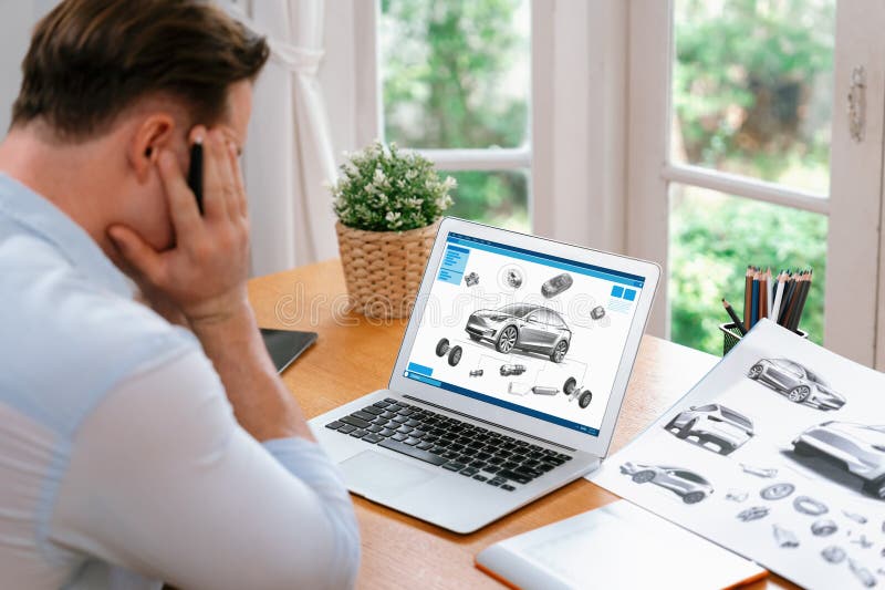 Car designer stressed after discover design flaws in his company's prototype EV car. Design flaws so severe that overwhelmed the electric powered automotive engineering development. Synchronos. Development ev stock images, royalty-free photos and pictures