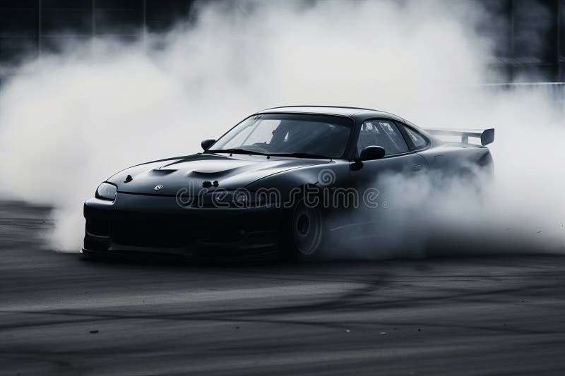 Car drifting, Blurred image diffusion race drift car with lots of smoke from burning tires stock illustration.