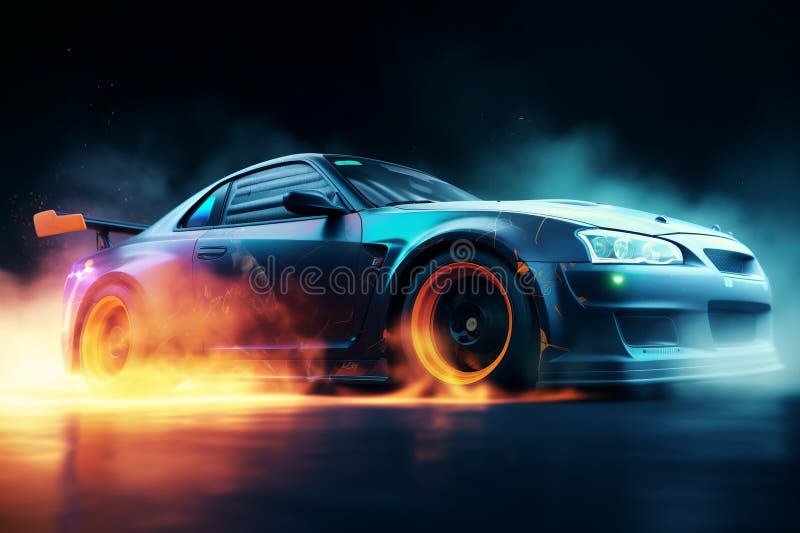 Car drifting, Blurred image diffusion race drift car with lots of smoke from burning tires vector illustration.