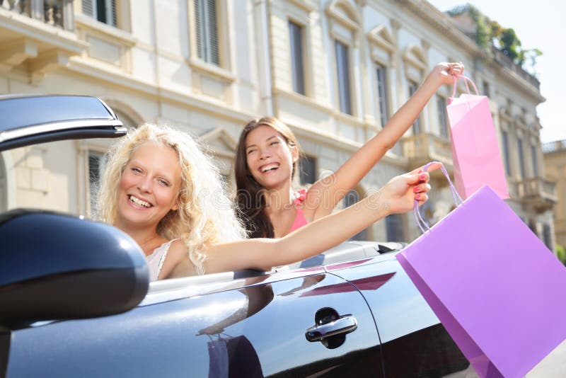 Car driver woman driving and shopping with friends royalty free stock photos Car driver woman driving and shopping with friends royalty free stock photos