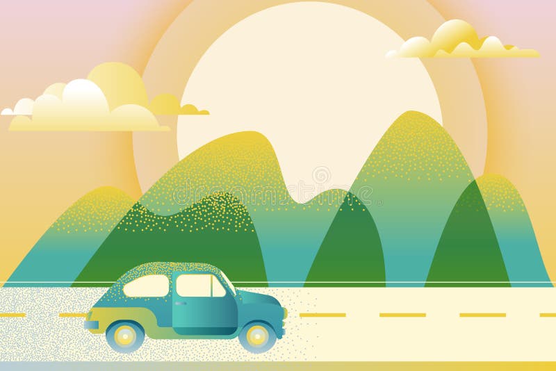 Car driving along mountain road, illustration. Automobile travel, trip concept. Outdoor tourism and travel. royalty free illustration Car driving along mountain road, illustration. Automobile travel, trip concept. Outdoor tourism and travel. royalty free illustration