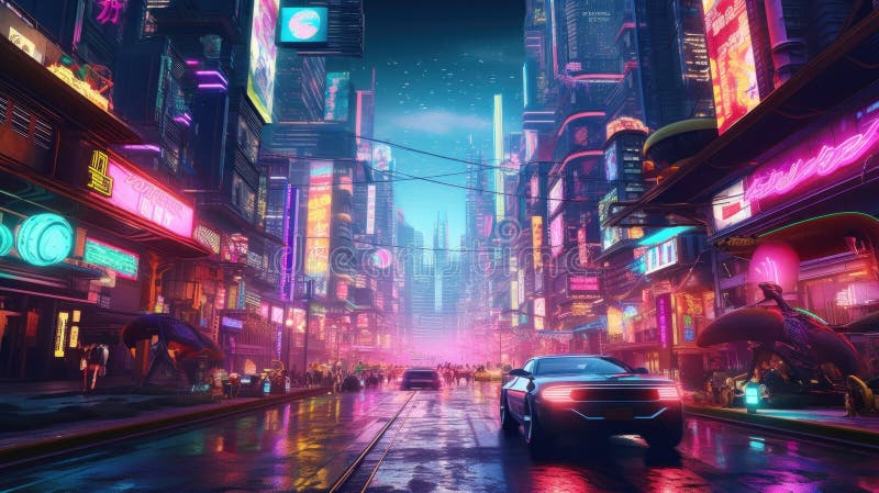 A Car Driving Down a City Street at Night. Generative AI Image. Stock ...