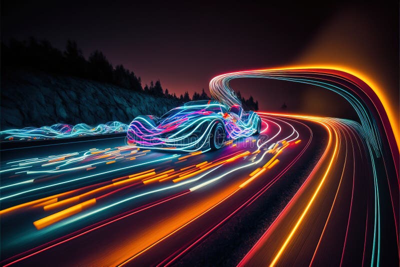 A Car Driving Down a Highway with Long Exposure of Light Streaks on it