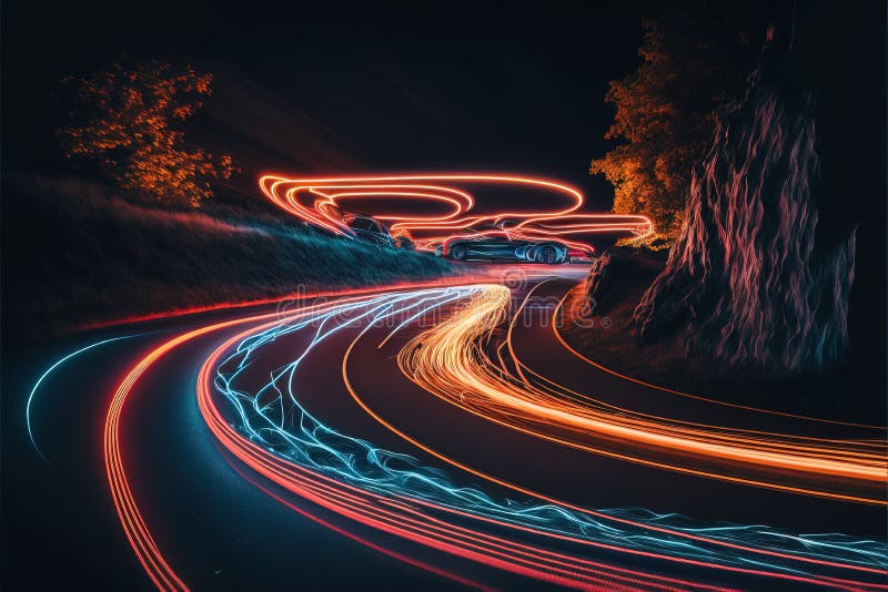 A Car Driving Down a Road with Long Exposure of Light Streaks on it S