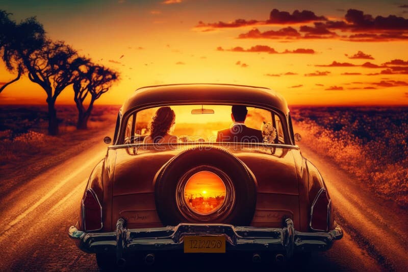 Car Driving Down Road with the Sun Setting in the Back of it