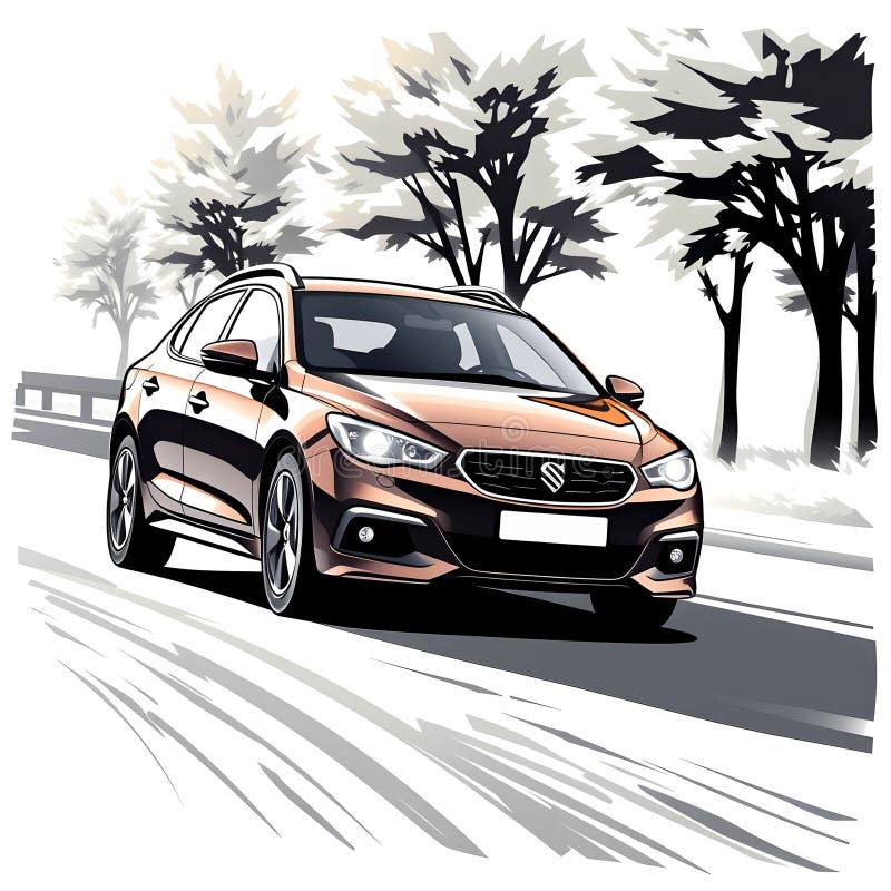 A car is driving down a road with trees in the background royalty free illustration
