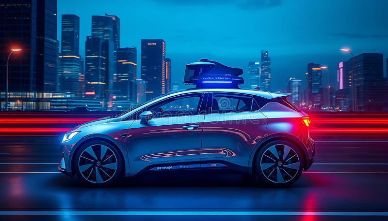 Car driving at night, city lights, urban, transport, speed, Stock Photo, Generative AI vector illustration