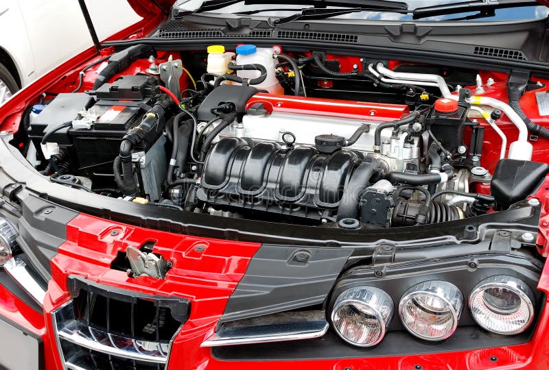 Red Car Engine stock image. Image of fuel, gears, mechanical