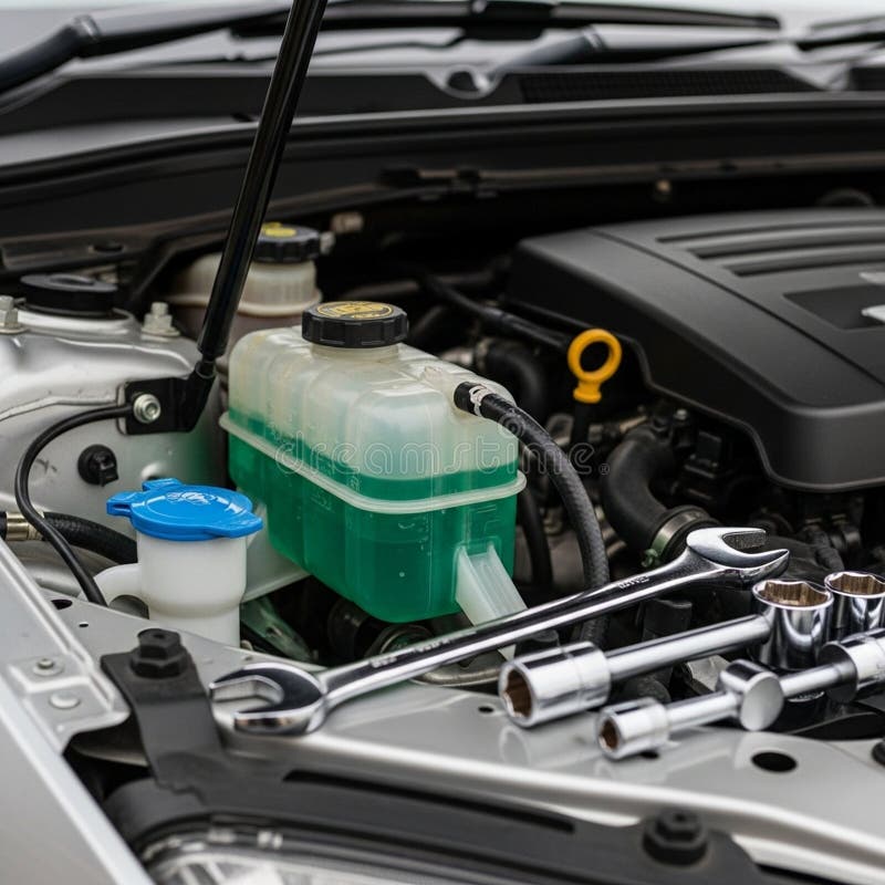 Emphasizing automotive care tools and essential parts like the coolant and stock illustration