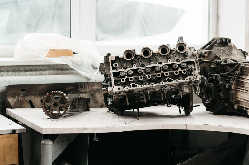 Car Engine Parts on the Table in Car Service Stock Photo Image of