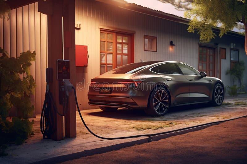 A Car with an Ev Charger Outside a Garage with Generative AI Stock