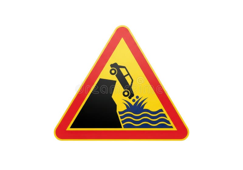 A triangular warning sign depicting a car falling off a cliff into water. This image features an isolated object on a transparent background, clearly conveying a hazard warning. Car falling off cliff vectors