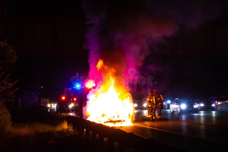 Car On Fire Night Accident On The Highway Road Stock Photo Image of