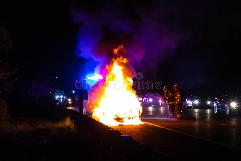 Car on Fire Night Accident on the Highway Road Stock Image Image of