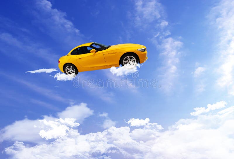 Car flying on blue sky background.