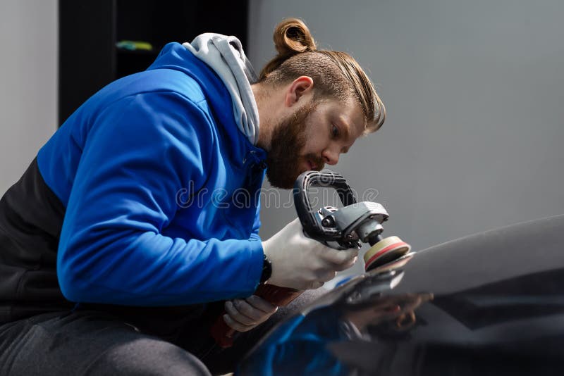 Car Headlight Cleaning with Power Buffer Machine at Service Station