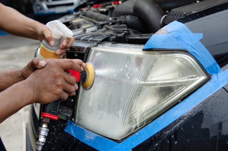 Headlight Polishing by Polish Machine Stock Image Image of hand