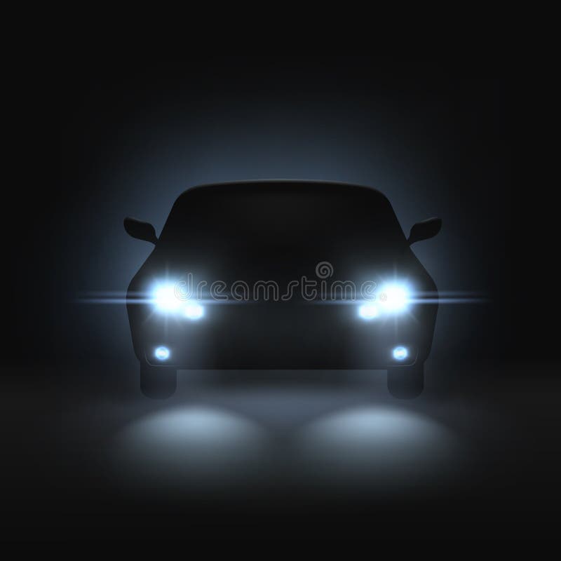 Car headlights. Realistic car with bright headlights in dark, rays light and white blur shadows, night automobile