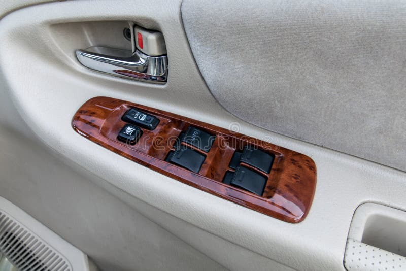 Car Interior Details of Door Handle with Windows Controls and Ad Stock Photo Image of
