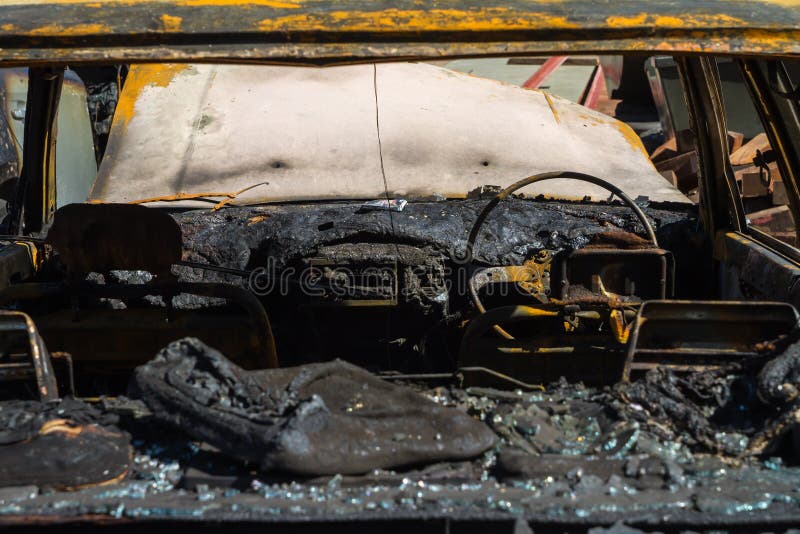Car interior after fire stock photo. Image of auto, cracked 54420816