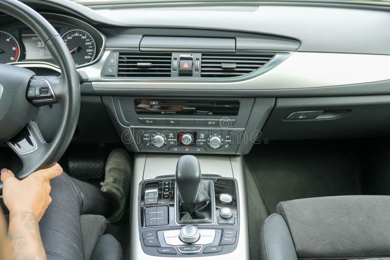 Car Interior View with Dashboard, Climate Control View, Closeup Stock
