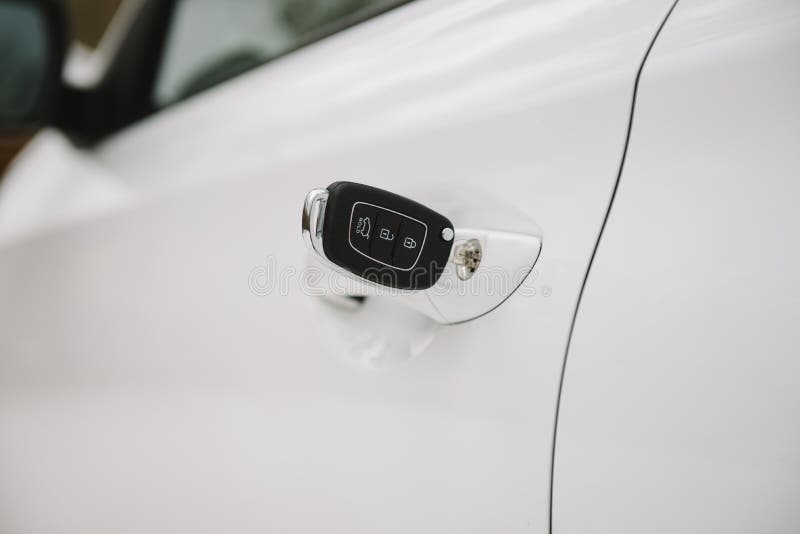 Car Keys in White Door Lock Closeup with Copy Space Stock Image Image