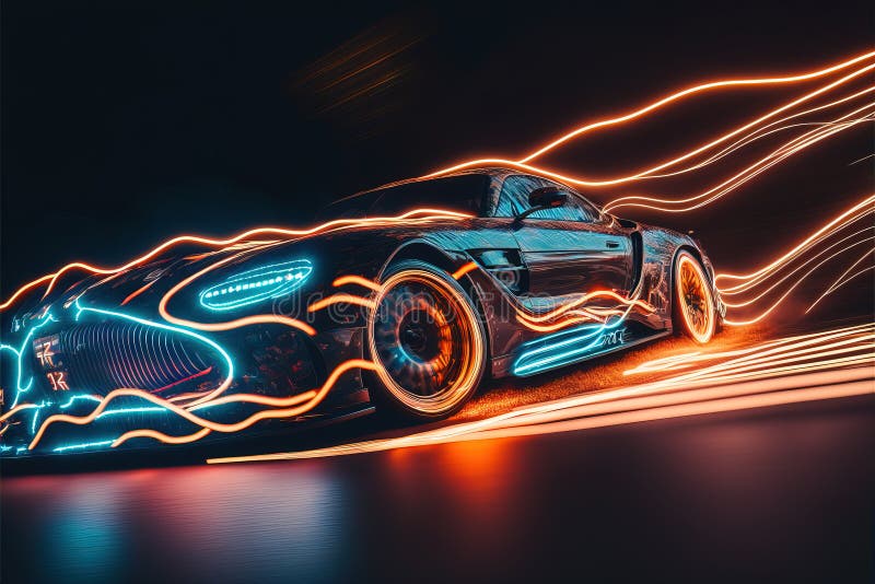 A Car with Lights on Driving Down a Street at Night with a Blurry