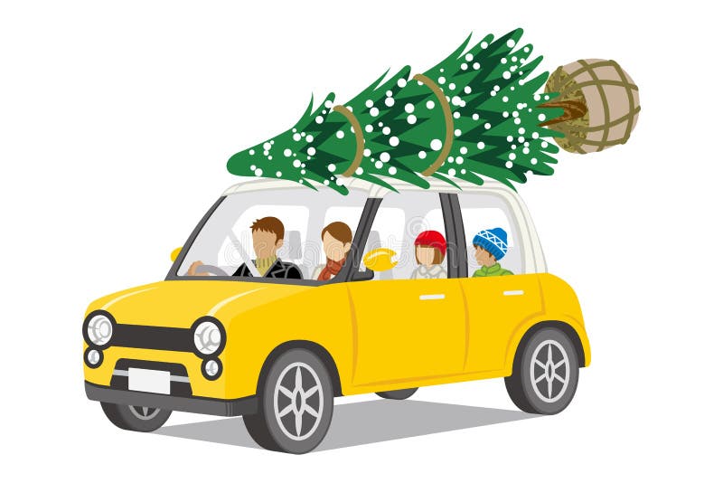 Car Loading Christmas Tree on the Roof Unrecognizable Family Stock